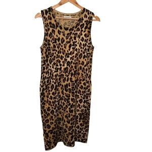 Calvin Klein Womens Leopard Print Lightweight Knit Sleeveless Shift Dress Large